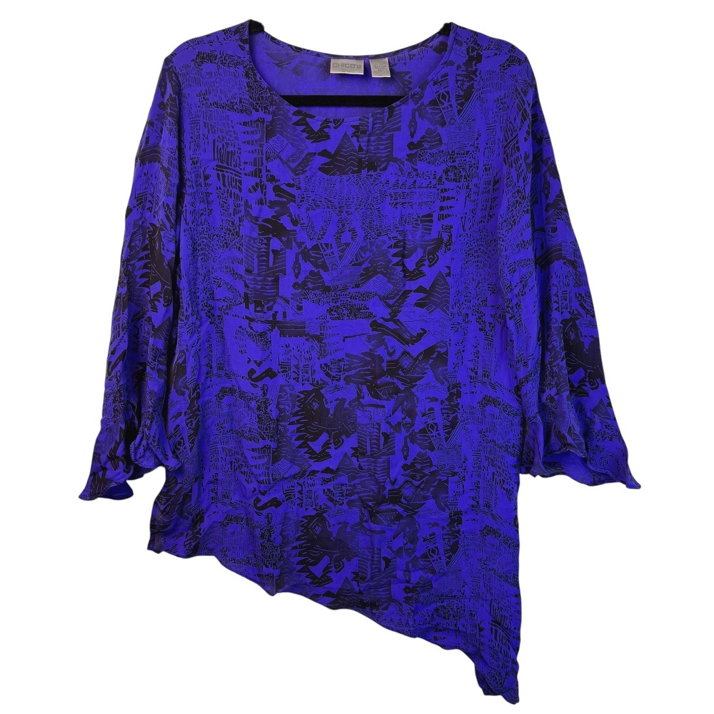 Chico's Top Blouse‎ Silk Tunic 1 Medium Abstract Print Blue Black Ruffle Sleeve
